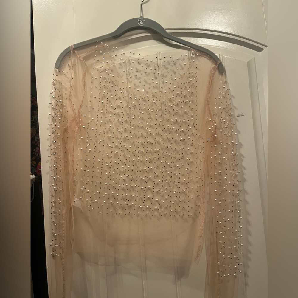 Pearl embellished sheer top